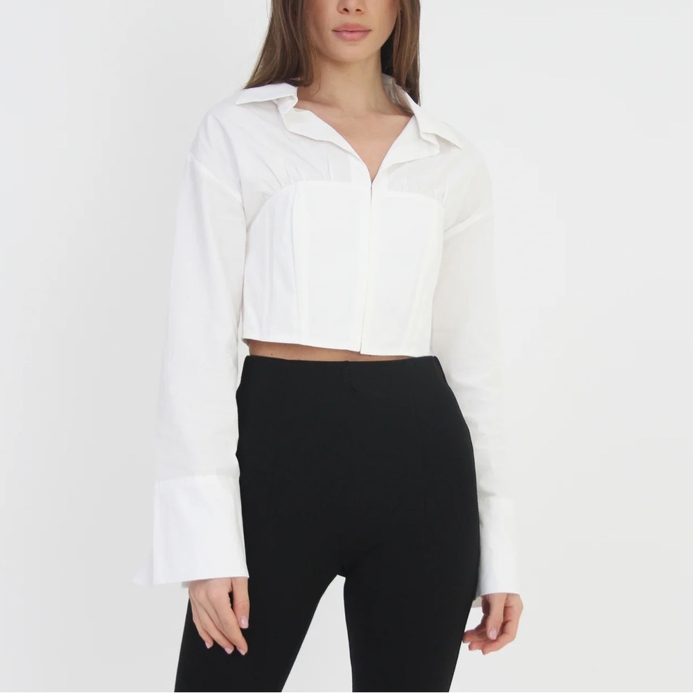 SALT + CO. - Top No. 07, Corset Collared Long Sleeve Top in White (NWT)